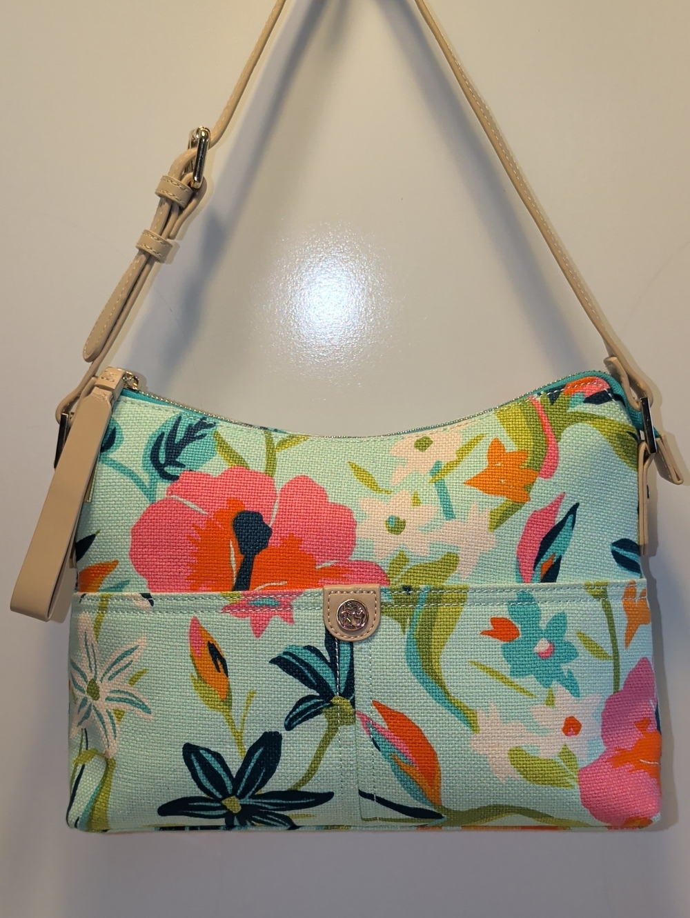 NWOT Spartina 449 Moreland Dixie Hobo Bag Floral Linen Flowers Teal Green Coral